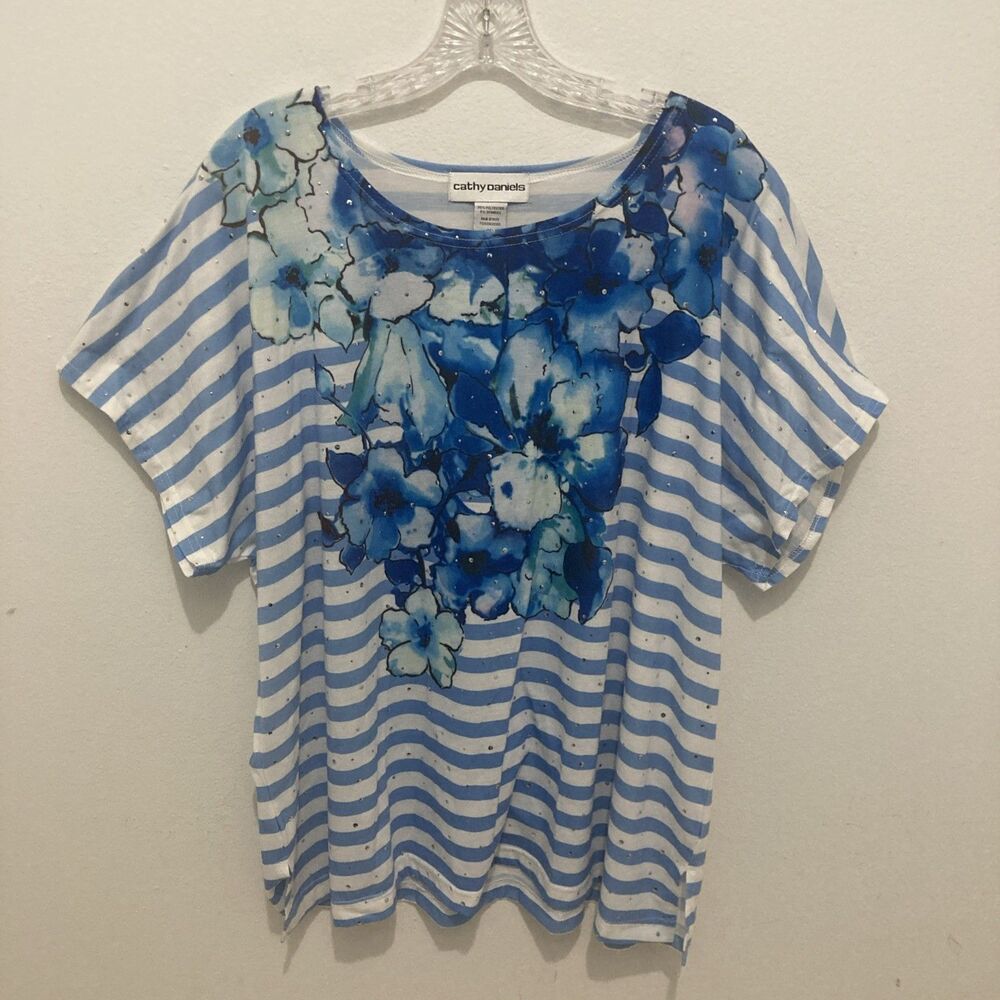 CATHY DANIELS white blue striped floral embellished dolman sleeve top 3X